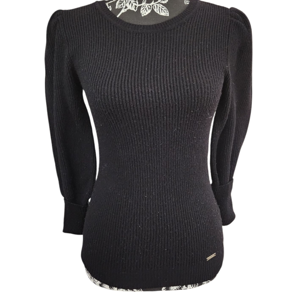 T Tahari Puff Shoulder Ribbed Knit Sweater